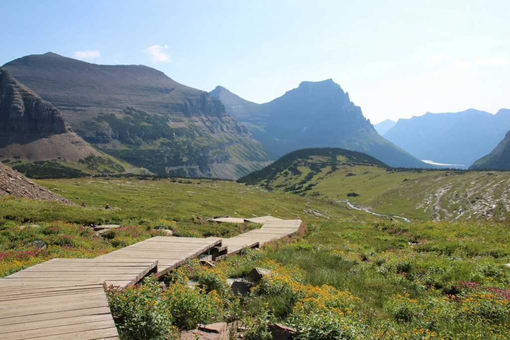 A winding wooden boardwalk stretches across a green alpine meadow toward towering, jagged mountain peaks.