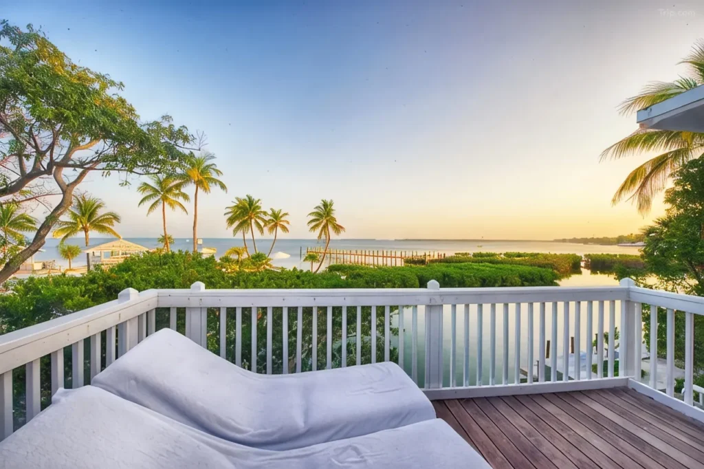 Sun loungers with palm trees around facing the calm sea at quiet Florida escapes.