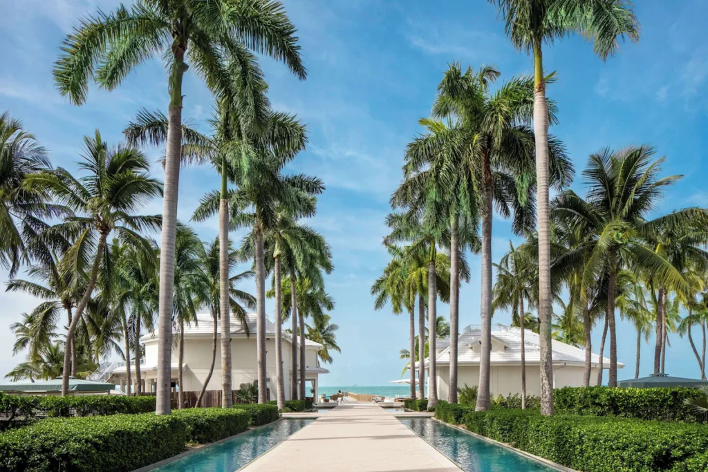 Palm tree lined pathway leading to the ocean at adult only resorts in Florida.