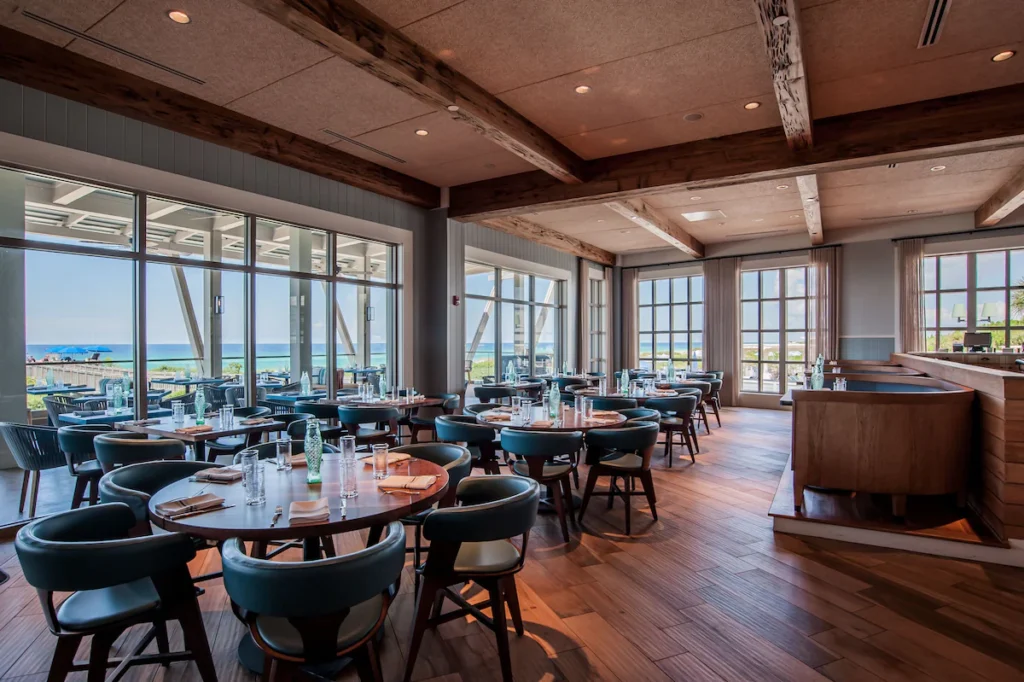 Rustic coastal restaurant dining room at FL inn resorts.