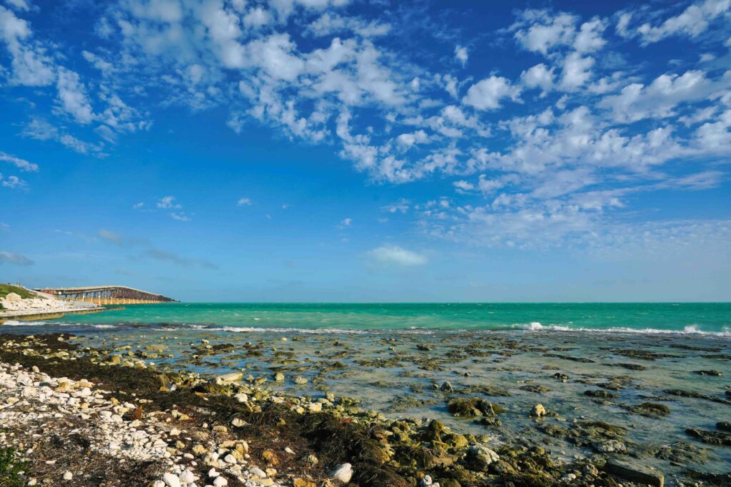 A view of the ocean with waves hitting the rocky shoreline and an old bridge in the distance.