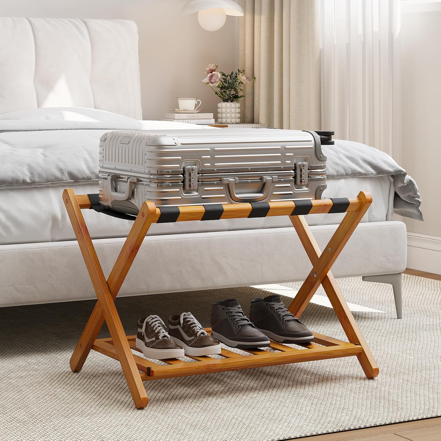 5. Smart Fendee Bamboo Luggage Rack