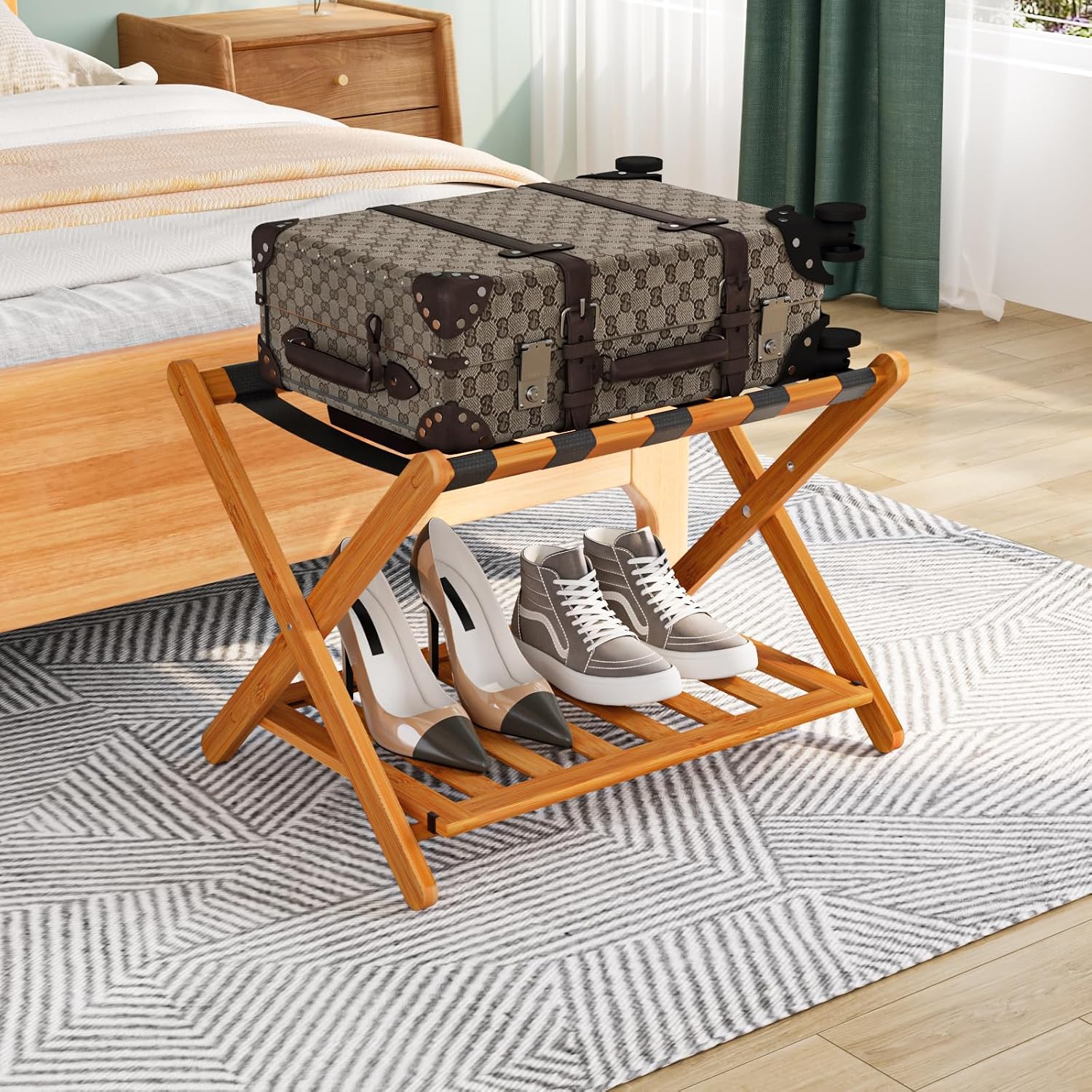 4. Smuxee Bamboo Luggage Rack