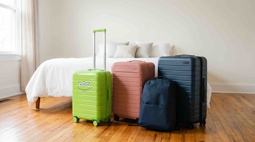 The Best Away Luggage Of 2026, Ranked By Piece And By Thousands Of Real Owner Reviews A green kids case, pink medium case, navy trunk, and navy backpack from Away in a bedroom.