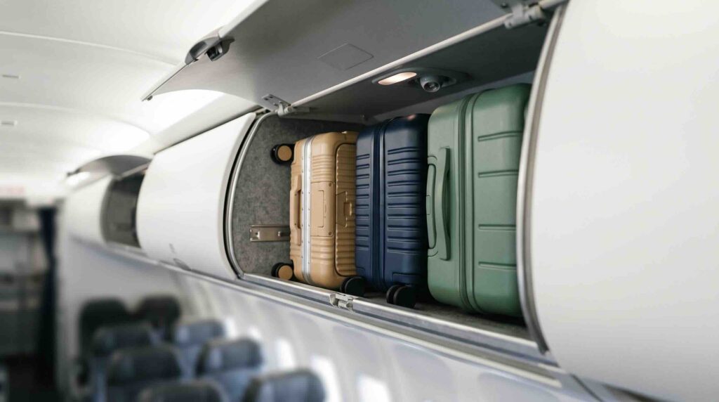 The 15 Best Carry-On Luggage Picks Of 2026, Ranked By Durability, Warranty, And Real Owner Reviews Three carry-on suitcases, including a blue and a green one, stored side-by-side in an airplane overhead bin.