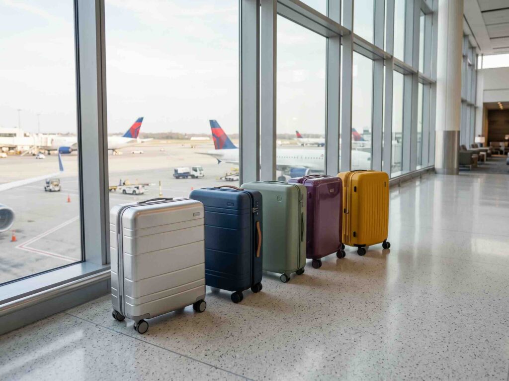 The Best Luggage Brands of 2026, Compared on Price, Durability and Warranty Five suitcases in silver, navy, olive, plum, and mustard lined up by an airport window.