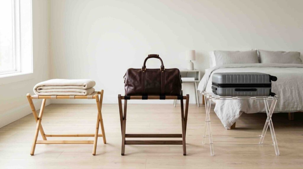 The 10 Best Luggage Racks Of 2026, Compared On Price, Sturdiness And Storage A hero image showing three luggage racks: bamboo, dark wood, and clear acrylic, each holding travel items.