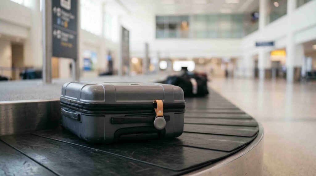 A silver hardside suitcase with a luggage tracker attached to the zipper sits on an airport baggage carousel.