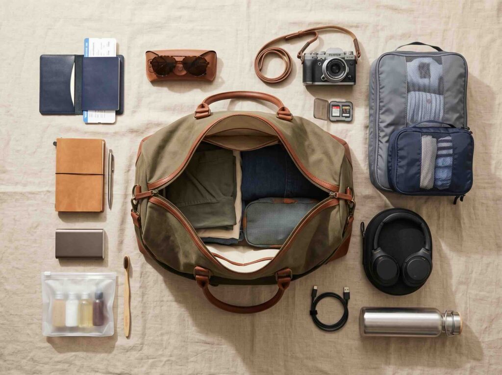 The 15 Best Personal Item Bags for 2026, From $90 to $500 An olive green duffel bag surrounded by travel essentials like a camera, passport, and headphones on a beige cloth.