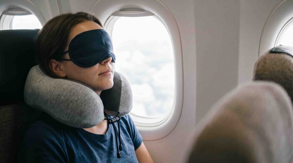 The 14 Best Travel Pillows Of 2026, Ranked On Real Comfort, Heat, And Owner Reviews A woman sleeping on a plane wearing a blue eye mask and a generic grey travel neck pillow.