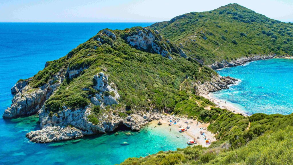 Porto Timoni double bay in Corfu featuring some of the best beaches in Greek islands.