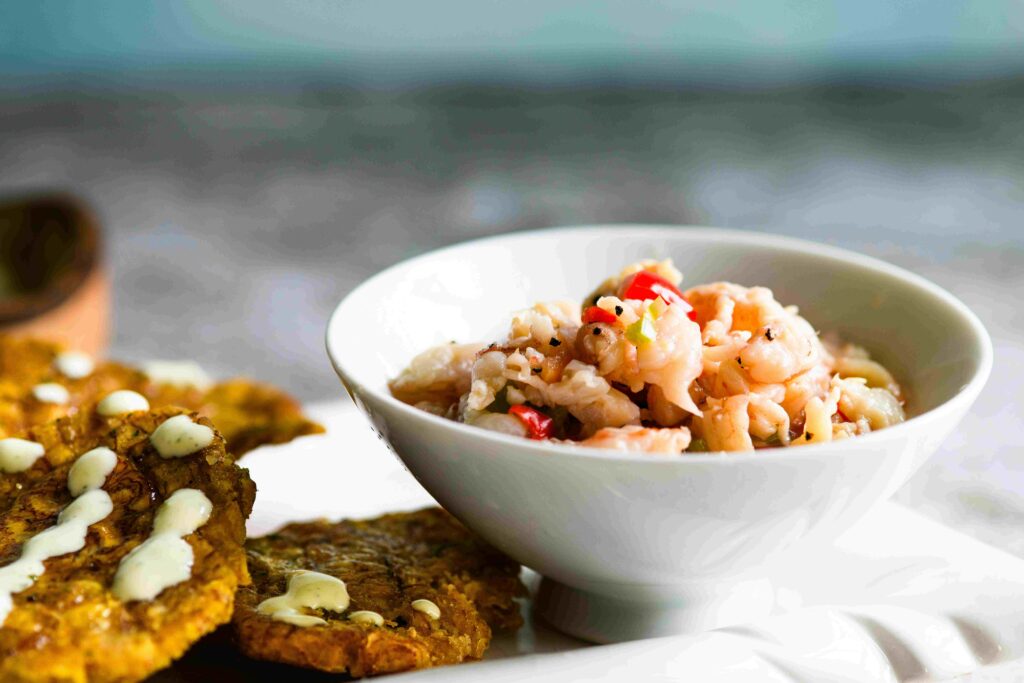 Fresh ocean fish ceviche with citrus lime, popular famous Peruvian food and drinks.