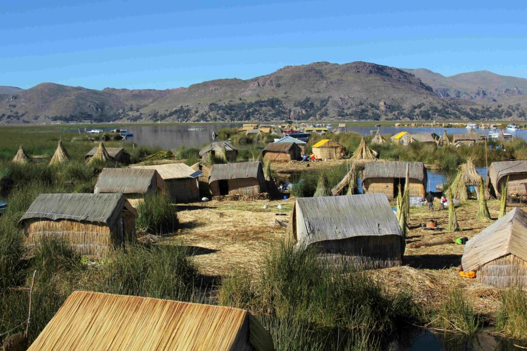 Floating reed houses of Uros people on Lake Titicaca, which is famous in Peru.