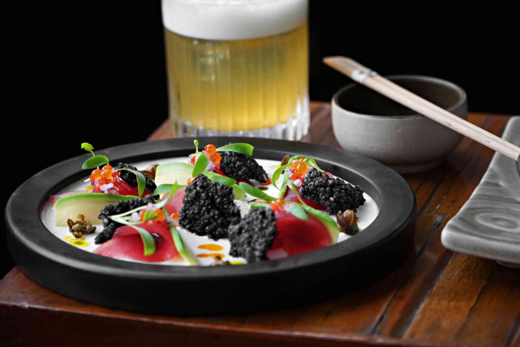 Gourmet Peruvian Nikkei dish served at fine dining restaurant in Lima.