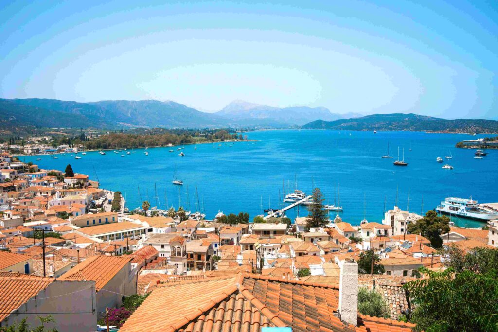 Seaside view of Nafplio coastal town showcasing popular Greece vacation spots along the gulf.