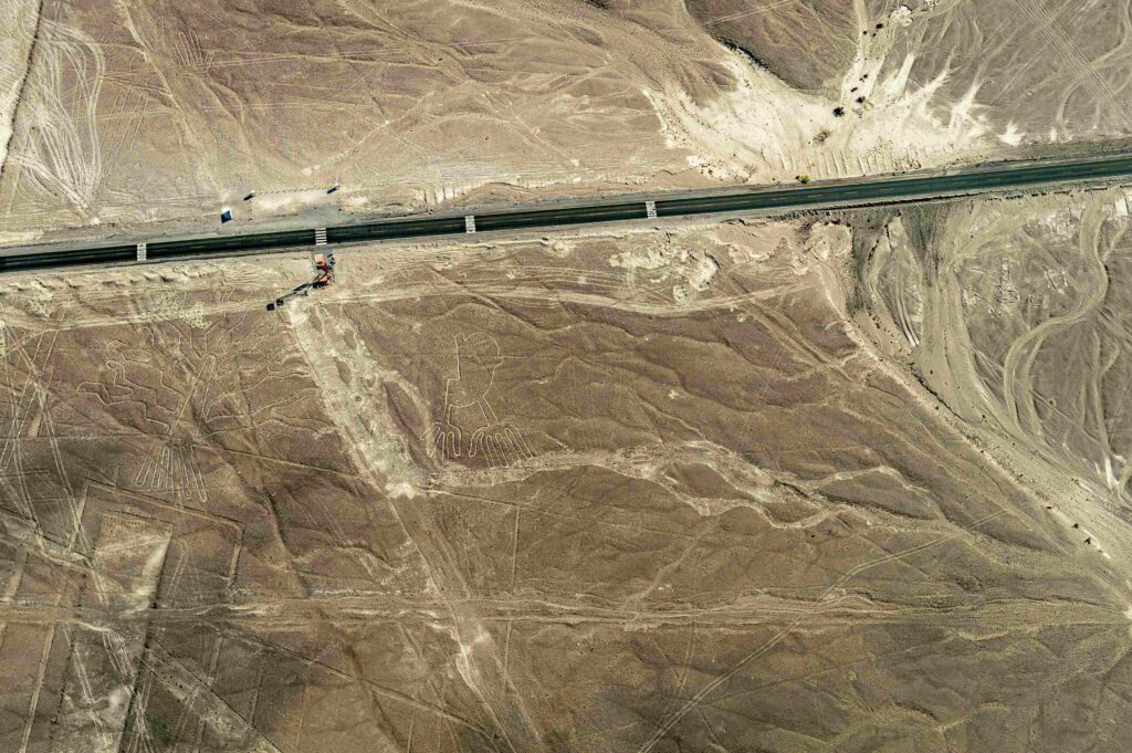 Aerial view of monkey geoglyph Nazca Lines, one of Peru's famous places.