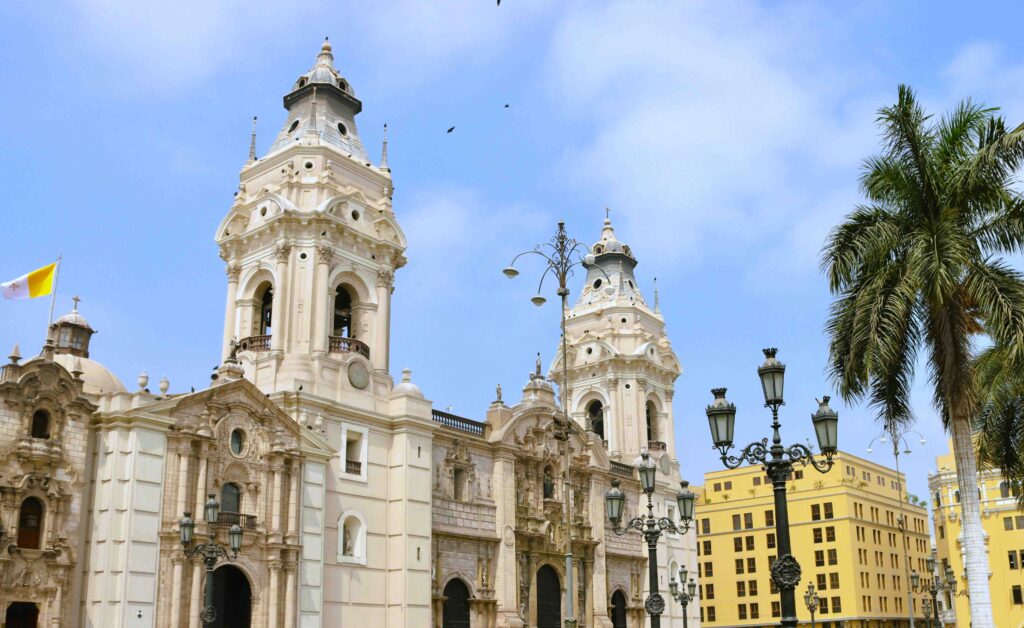 Exterior of historic Cathedral of Lima on Plaza Mayor during Lima Peru sightseeing.