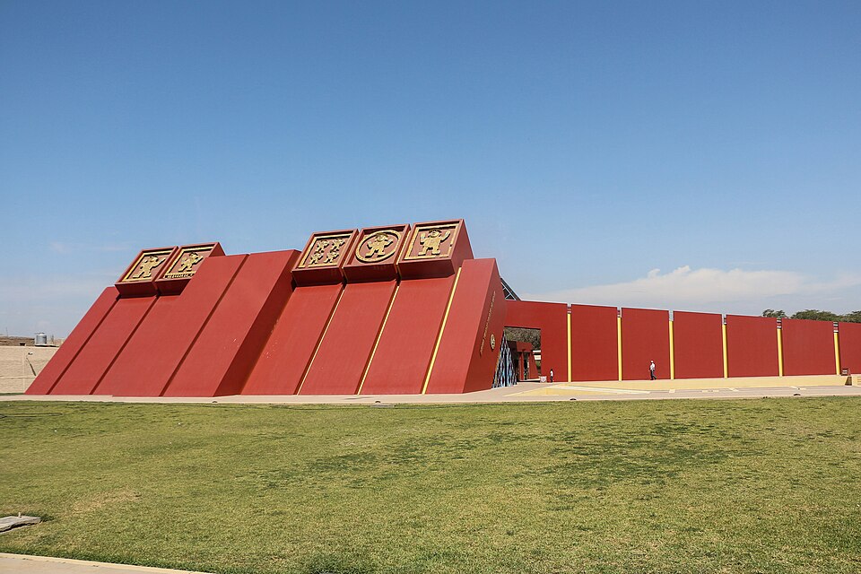 Red pyramid shaped building of the Royal Tombs of Sipan Museum in Chiclayo, Peru.