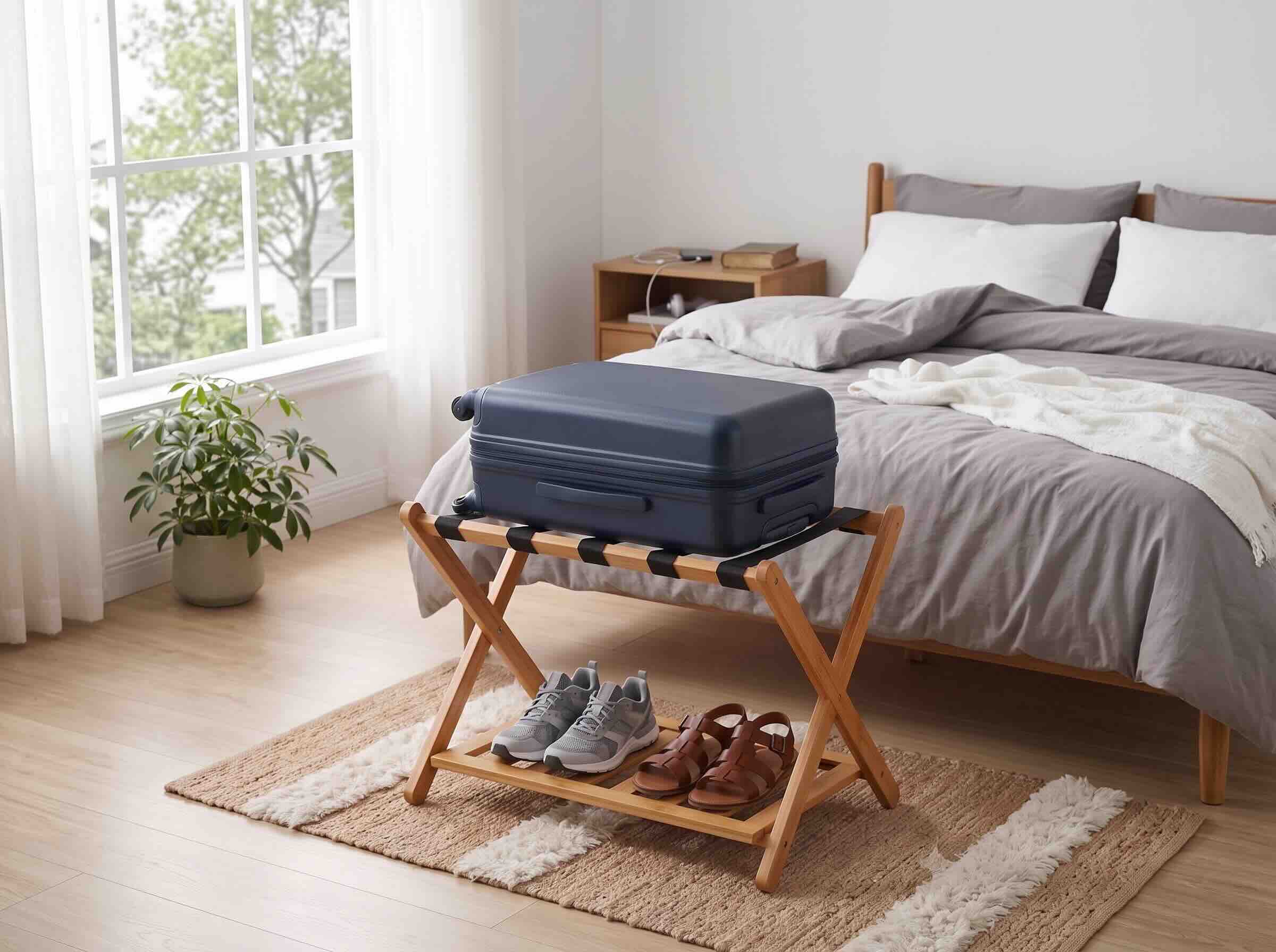 5. Smart Fendee Bamboo Luggage Rack