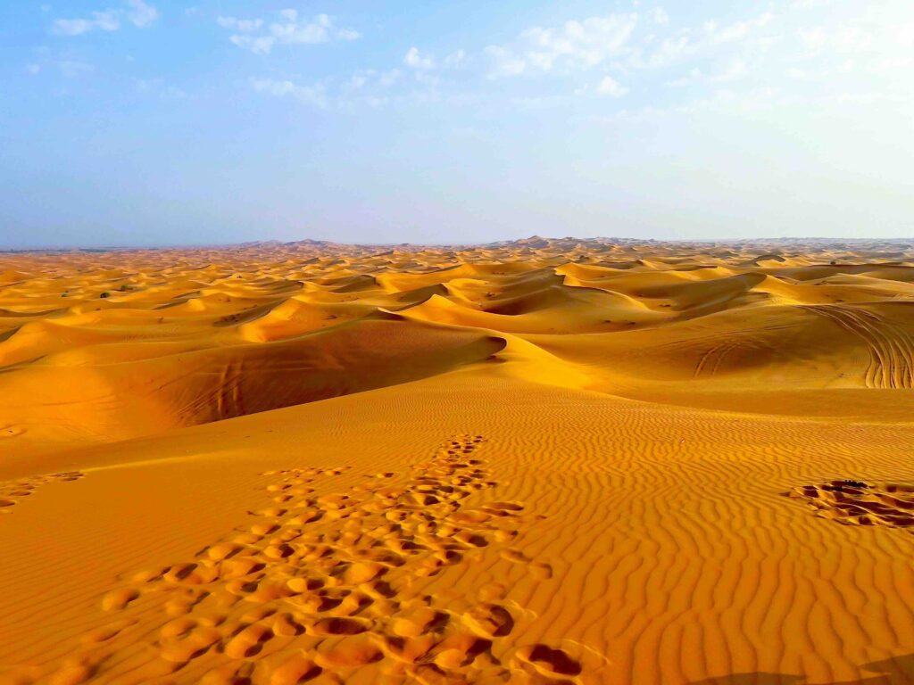 Golden desert sand dunes stretching to the horizon, part of sunrise hot air balloon flight Dubai excursion guide.