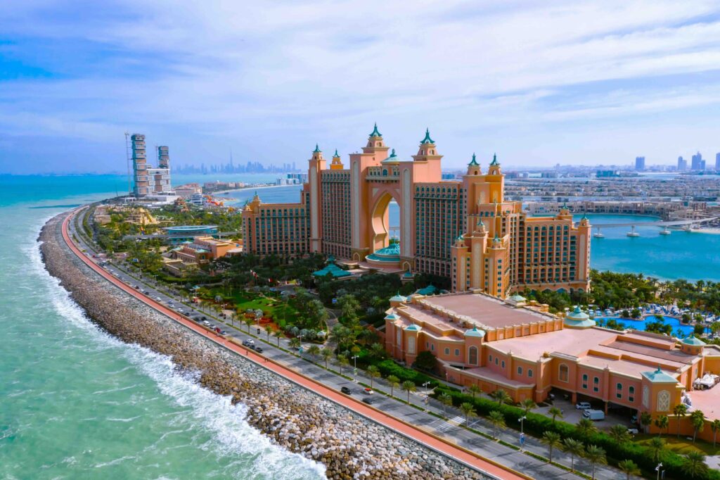 Panoramic aerial vista of Atlantis resort on Palm Jumeirah island, top places to visit in Dubai.