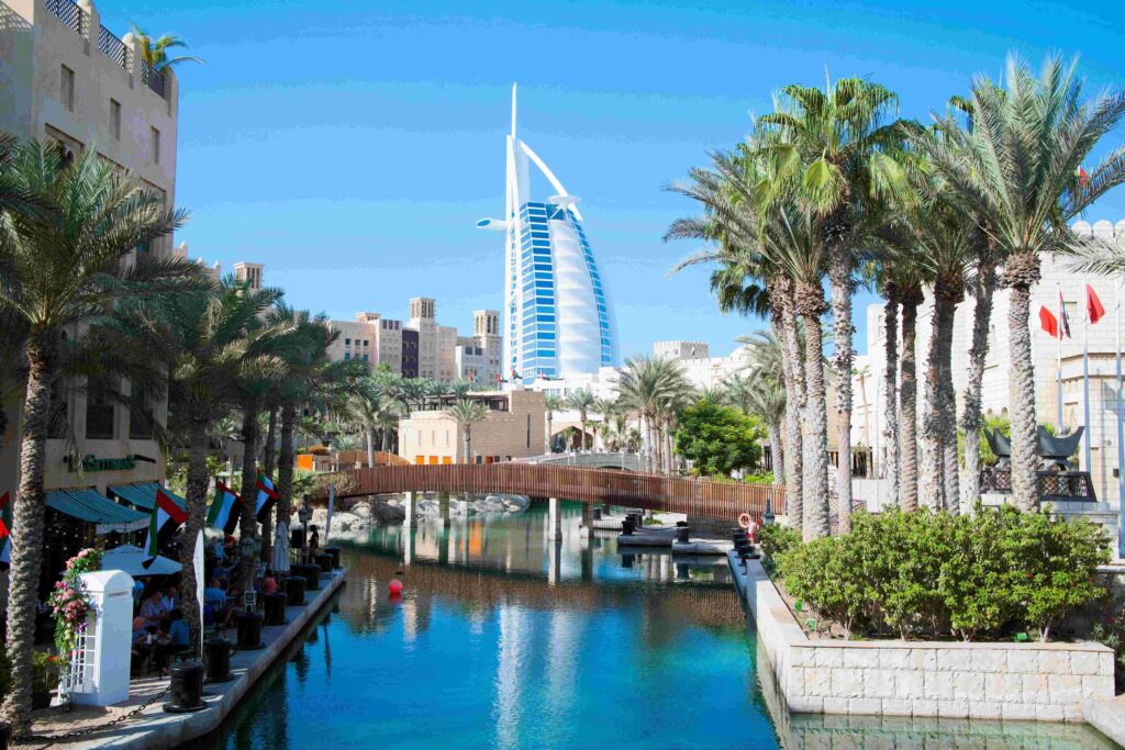 Scenic canal view in madinat jumeirah during ideal time to visit Dubai.