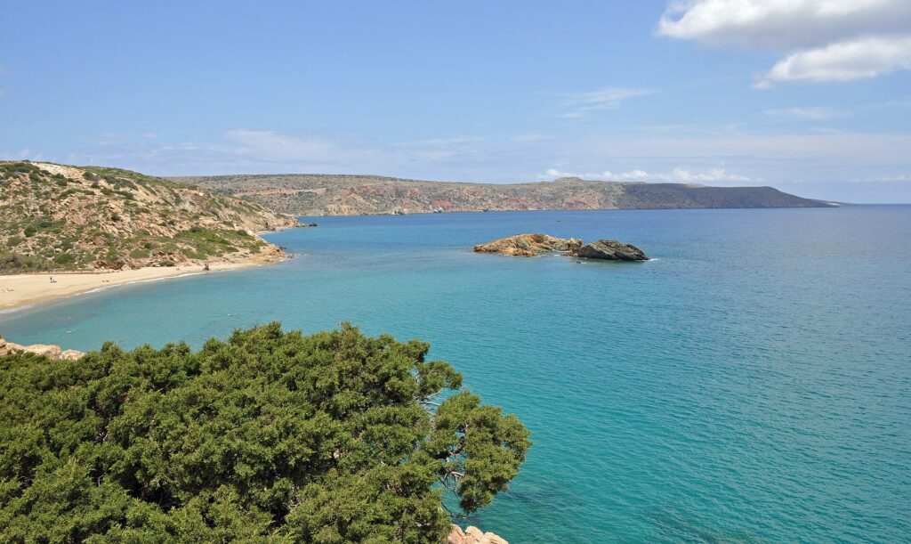 Lush green trees lining a tranquil turquoise bay at Greece's tropical beaches.