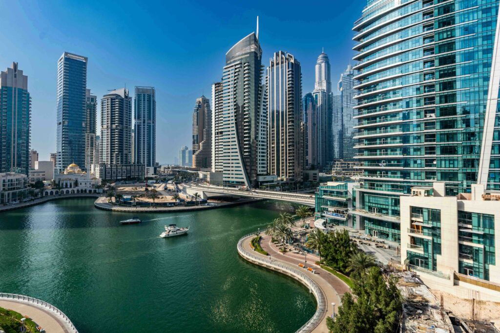 Waterfront view of modern high-rise skyscrapers in Dubai Marina, fun things to try near the beach.